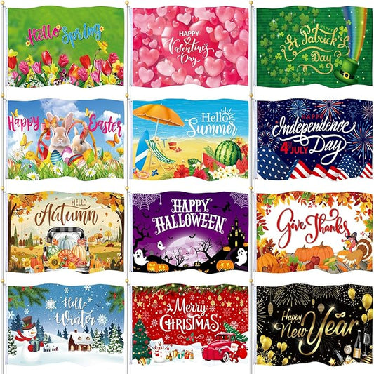 12 Pcs Seasonal Garden Flag 3 x 5 ft Yard Flags for Outside Double Sided Holiday Banner with Grommets for Spring Summer 4th of July Outdoor Banner Decorations-VerdiqueGarden