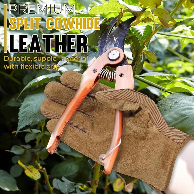 HANDLANDY Leather Work Gloves for Men & Women, Reinforced Durable Garden Gloves, Cowhide Working Glove for Gardening-VerdiqueGarden
