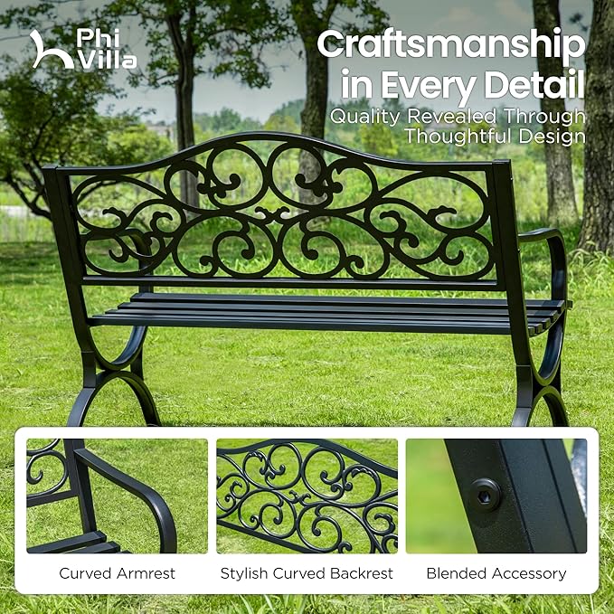 PHI VILLA 50-Inch Cast Iron Steel Frame Garden Bench Outdoor Patio Bench Chair w/Floral Design Backrest, Slatted Seat for Park, Yard & Porch, Black-VerdiqueGarden