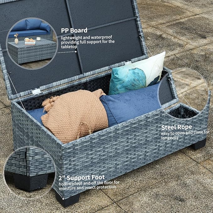 Outdoor Storage Table Wicker Patio Coffee Table All-Weather Rattan Side Table with Waterproof Cover, Grey-VerdiqueGarden