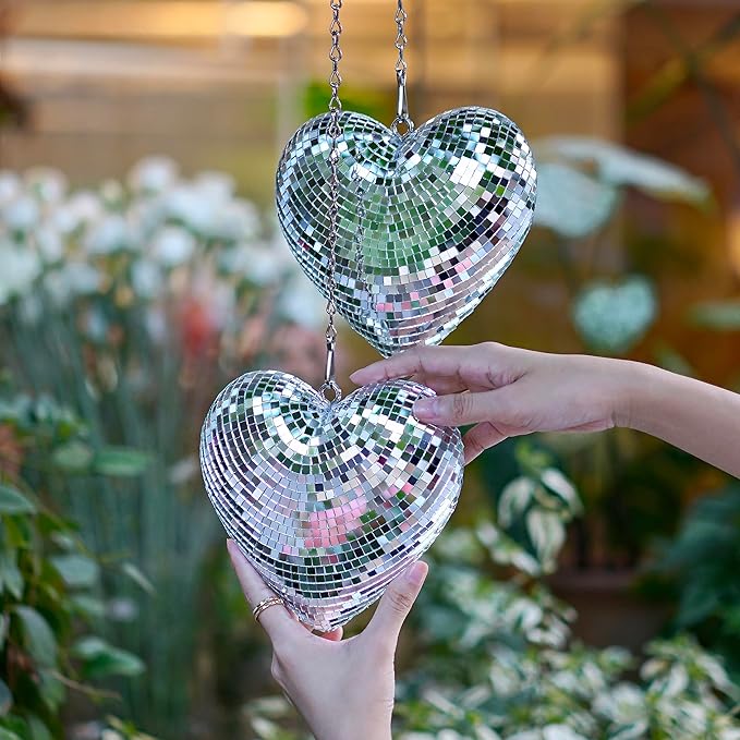 Disco Balls 2 Pack Silver Heart-Shaped Stage Mirror Balls Hanging Decor for Party, Room, Wedding, Garden, Retro Reflective Disco Ball Handmade Gifts (6.3 inch)-VerdiqueGarden