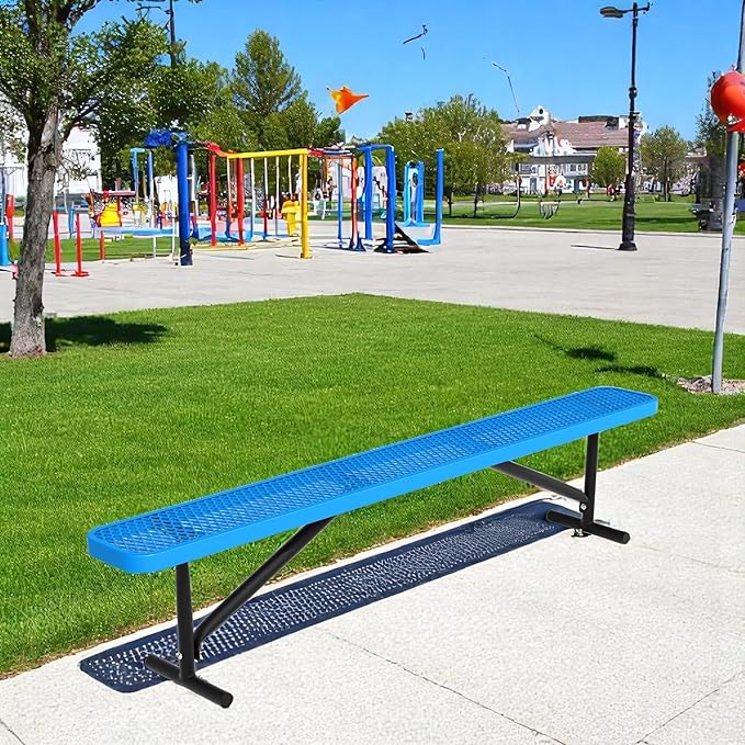 96" L Outdoor Metal Benches, Heavy Duty Garden Park Bench for Outside, Expanded Metal, Commercial Benches Mesh Bench for Shopping Mall, Store, Lawn, Park, Patio, Deck, Garden (Blue, 8FT)-VerdiqueGarden