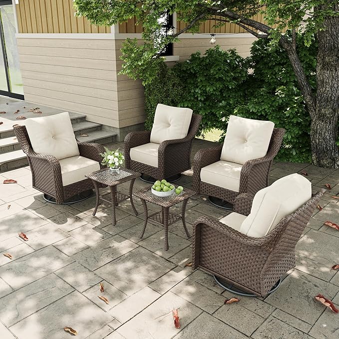 6 Pieces Outdoor Patio Furniture Sets with Rocking Swivel Chairs with 6-inch Thick Cushion and Side Table for Deck Lawn-VerdiqueGarden