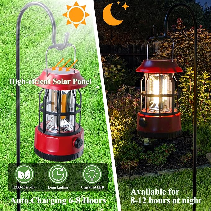 TRIROCKS Set of 2 LED Solar Camping Lantern Dimmable Rechargeable Lantern IPX3 Water-Resistant Portable Emergency Lights Outdoor Camping Lights for Camping Home Power Outage Hurricane Hiking (Red)-VerdiqueGarden