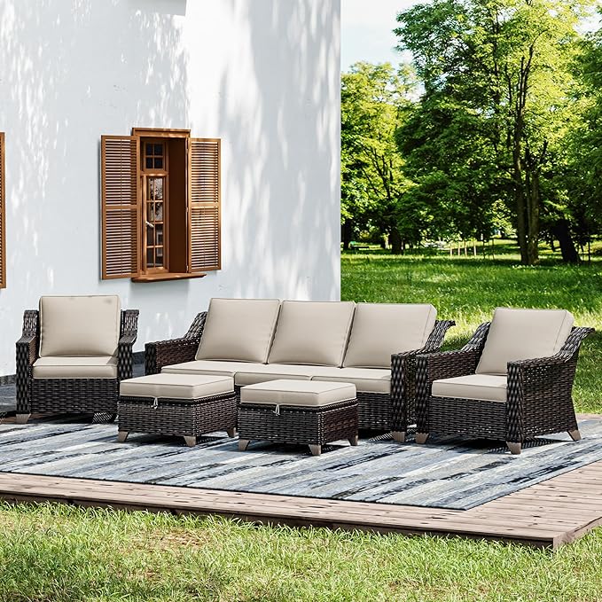 Joyside Wicker Patio Furniture Sets, 5 Pieces Upgraded Large Size Outdoor Furniture with Patio Dining Chairs, 3-Seat Sofa and Outdoor Ottoman, Thick Cushions, Wide Armrest-VerdiqueGarden