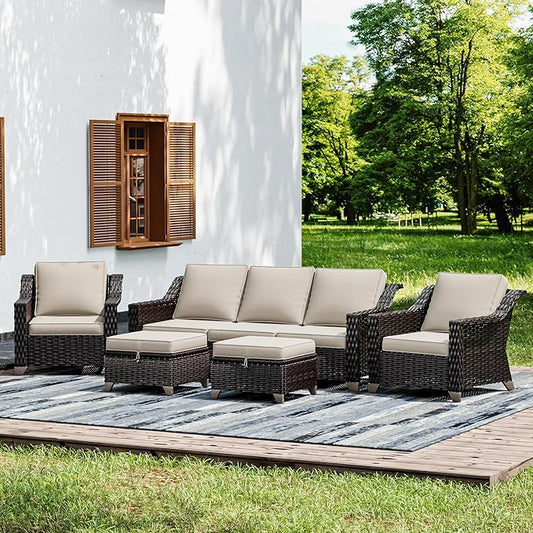 Joyside Wicker Patio Furniture Sets, 5 Pieces Upgraded Large Size Outdoor Furniture with Patio Dining Chairs, 3-Seat Sofa and Outdoor Ottoman, Thick Cushions, Wide Armrest-VerdiqueGarden