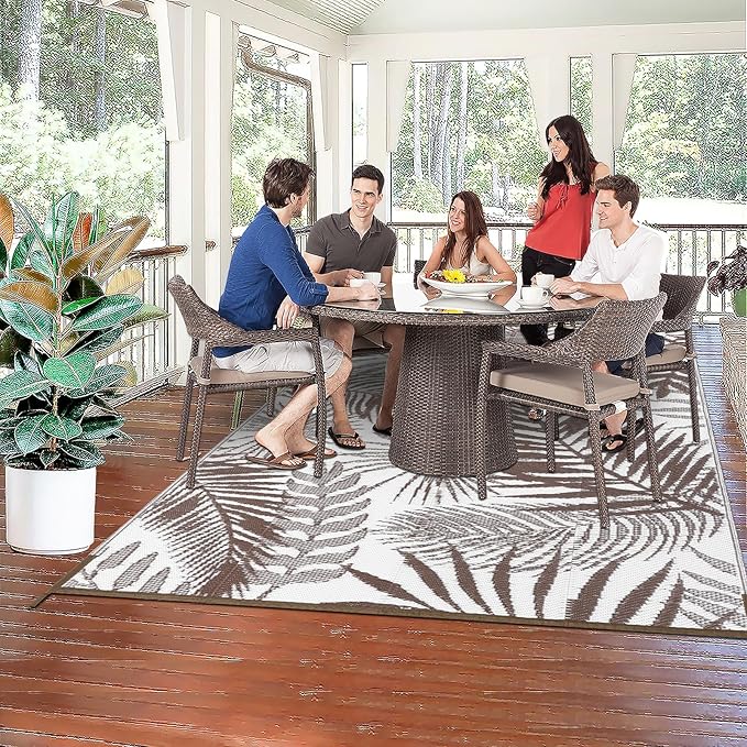 HiiARug Outdoor Rug 6x9Ft Outdoor Plastic Straw Rug Waterproof Outdoor Rugs for Patios Clearance Large Reversible Patio Mat Outdoor Area Rug for Patios Deck Beach RV Camper Backyard,Brown&White-VerdiqueGarden