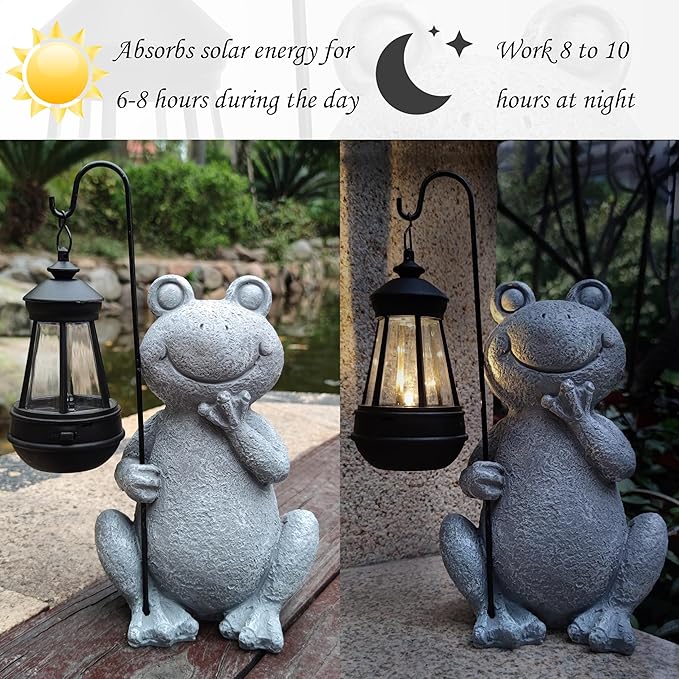 Frog Solar Garden Statues,Resin Frog Figurine Decorations with Solar Lights Lantern, Outdoor Frog Garden Decor Art for Lawn,Yard, Unique Housewarming Gift for Garden Home-VerdiqueGarden