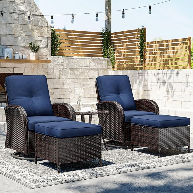 Joyside 5 Piece Patio Furniture Set, Outdoor Swivel Chair Sets with Thick Cushion and Ottoman, Wicker Patio Conversation Set for Porch, Deck Use (Brown/Blue, 5 PCS)-VerdiqueGarden