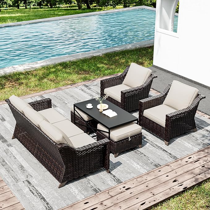 Joyside Wicker Patio Furniture Sets, 6 Pieces Upgraded Large Size Outdoor Furniture with Patio Dining Chairs, 3-Seat Sofa and Outdoor Ottoman, Thick Cushions, Wide Armrest-VerdiqueGarden