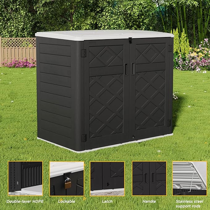 Resin Outdoor Storage Shed, 38 cu.ft Outdoor Storage Box Waterproof for Garden Tools, Patio Furniture, Trash Cans, Garage Storage, Lockable (Black)-VerdiqueGarden