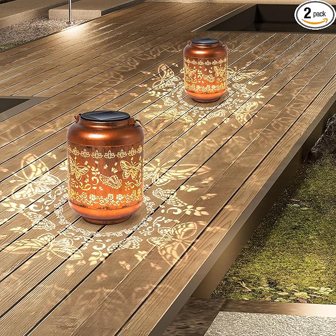 2Pack Butterfly Solar Lanterns Outdoor Hanging Waterproof Lanterns for Garden Decor Christmas Gifts for Women Mom Grandma Metal Solar Lights Decoration Outside for Yard, Patio,Pathway Landscape-VerdiqueGarden