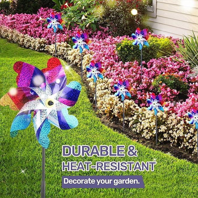 BATTIFE 10 Pack Sparkly Rainbow Pinwheels, Reflective Wind Spinner for Yard and Garden with Stakes, Decor Windmill to Scare Birds Away for Lawn and Patio-VerdiqueGarden