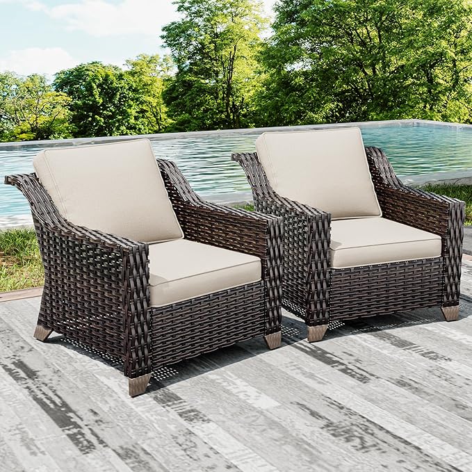 Joyside Wicker Patio Chairs Set of 2, Outdoor Rattan Furniture with Wide Armrest and Thick Cushions, Upgraded Large Size for Backyard, Garden, Poolside-VerdiqueGarden
