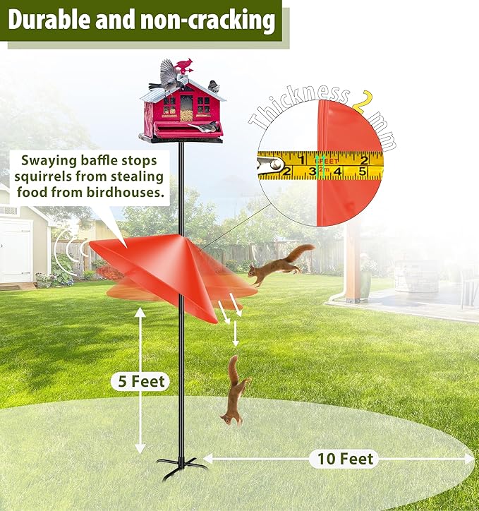 Squirrel Baffle for Bird Feeder Pole, 19-Inch Outdoor Bird Feeder Guard, Squirrel-Proof Birdhouse Baffles, Shepherd's Hook for Outside(Red)-VerdiqueGarden