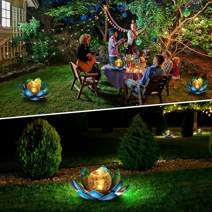 Huaxu Solar Light Outdoor Garden Decor Blue Metal Crackle Globe Glass Waterproof LED Lotus Flower Table Lamp Decorations for Patio Yard Porch Pathway Ground-VerdiqueGarden