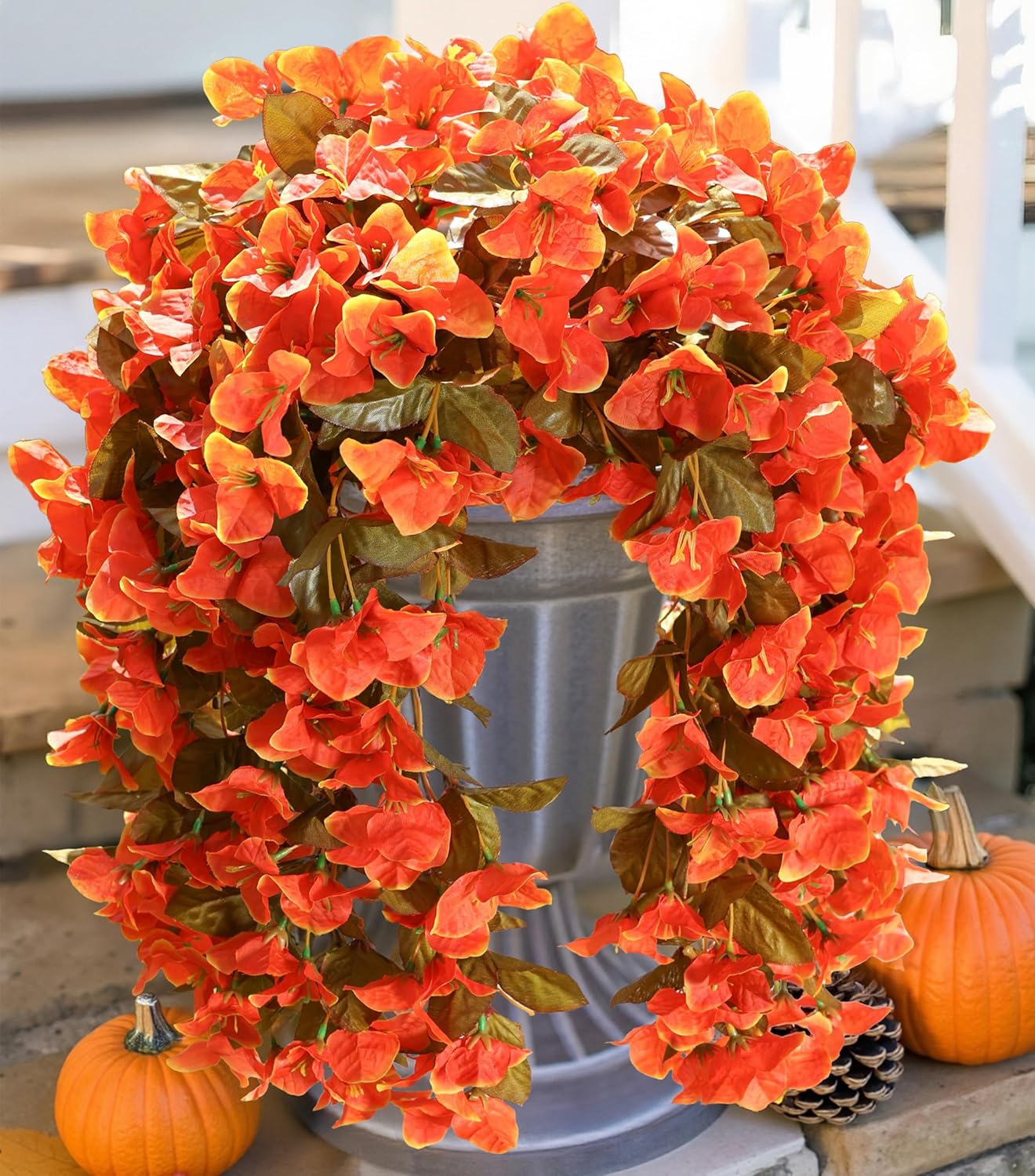 Bougainvillea Artificial Fall Hanging Flowers Plants for Outdoors Autumn Decoration, 2pcs Faux Bougainvillea Vines Orange Fake Flowers Realistic UV Resistant Silk Flowers for Outside Planter Yard Home-VerdiqueGarden