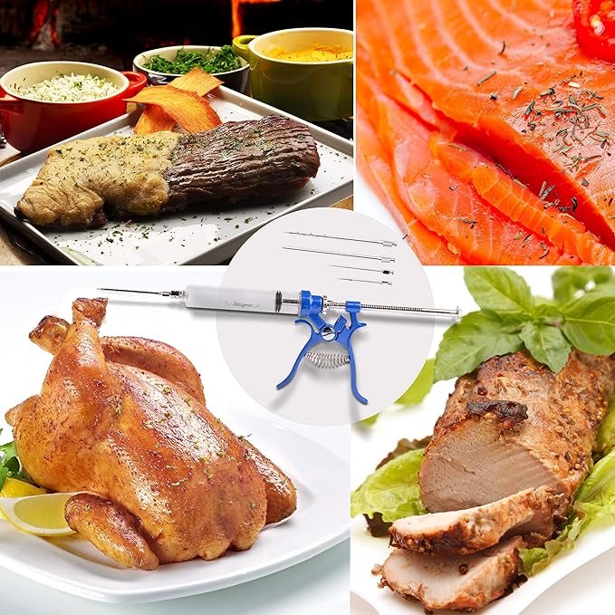 Meat Injector Marinade Gun Stainless Steel Outdoor Kit Flavor Food Syringes & 4 Marinades Needles for BBQ Grill Smoker Injectors Professional Syringe Held Culinary Barbecue Tool (Blue)-VerdiqueGarden