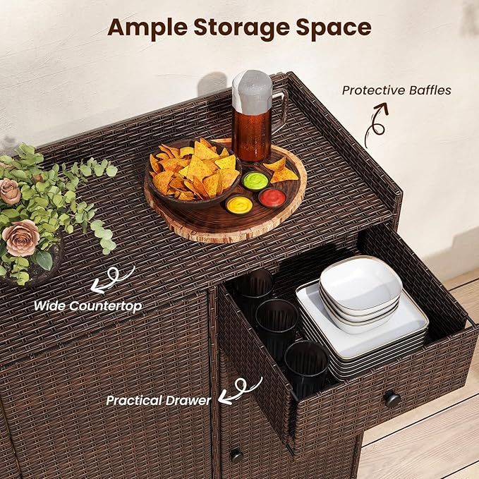 Tangkula Rattan Outdoor Storage Cabinet, Patiojoy Outdoor Cabinet with 4 Adjustable Shelves, 1 Drawer, 3 Doors, Patio Storage Deck Box Table for Patio Garden Poolside (Mix Brown)-VerdiqueGarden