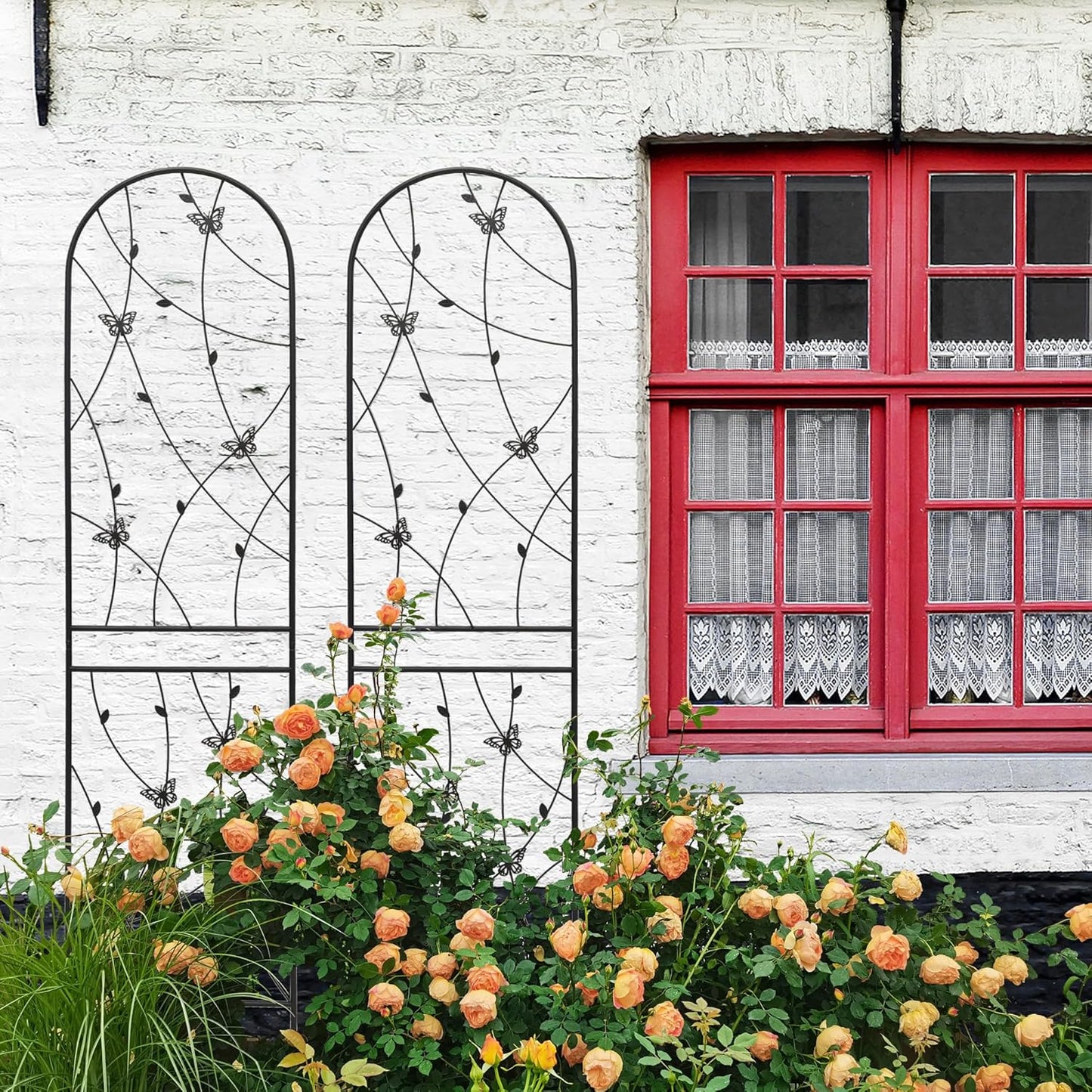 2 Pack Metal Garden Trellis 86.7" Tall Outdoor Climbing Plant Support for Roses, Flowers, Rustproof Durable Black Galvanized Tube, Lawn Garden Fence Decor Screen (2, Black flutter-86.7" H)-VerdiqueGarden