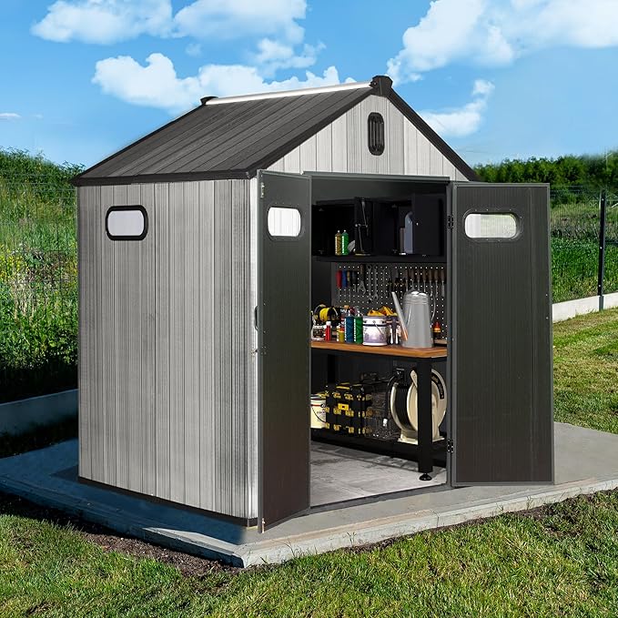 Domi 6x6 FT Outdoor Resin Storage Shed, All-Weather Double-Wall Storage Building for Backyard, Garden, Lawn Tools, Mower, Bike & Pool Equipment, Lockable Doors, Ventilated Roof, Grey-VerdiqueGarden