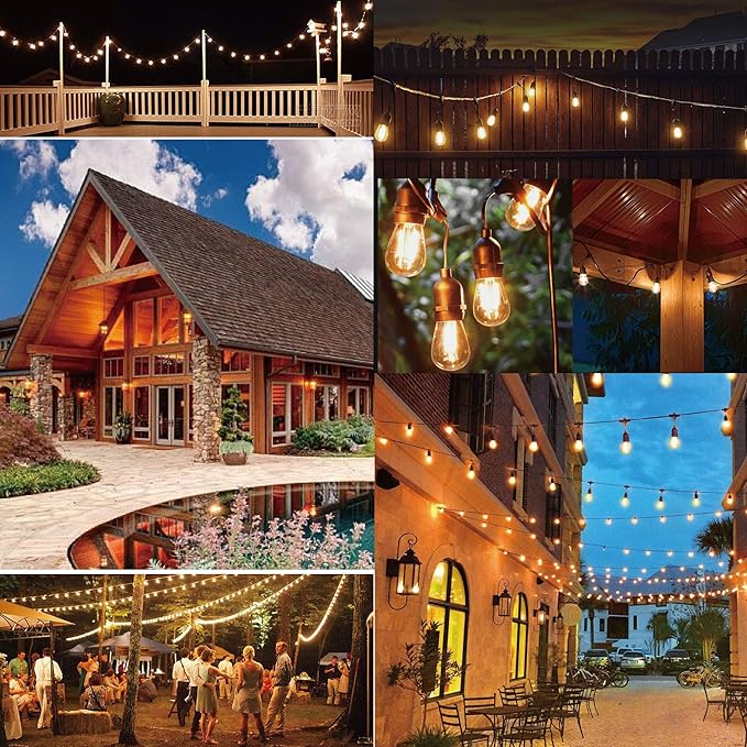 Outdoor String Lights LED 100FT Commercial Grade Heavy Duty Light String Lights with 30 Sockets 32 Shatterproof Plastic Bulbs Include 2 Spare S14 Dimmable Edison Bulbs Patio Market Cafe Light-VerdiqueGarden