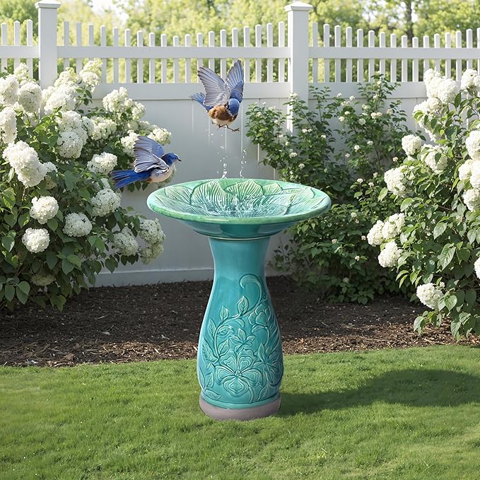 LuxenHome 23 Inch Ceramic Bird Bath for Outside, Elegant Tall Outdoor Bird Bath, Lightweight Pedestal Glazed Birdbaths for Outdoors with Floral Embossed Design, Jade Green-VerdiqueGarden