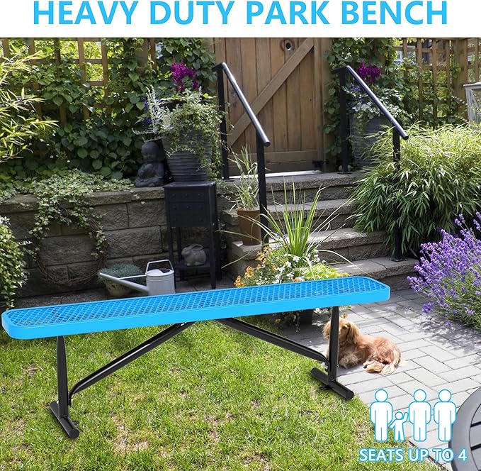 48" L Outdoor Steel Flat Bench, Heavy Duty Metal Park Bench for Outside, Expanded Metal, Commercial Benches Mesh Bench for Shopping Mall, Store, Lawn, Park, Patio, Deck, Garden (Blue, 6FT)-VerdiqueGarden