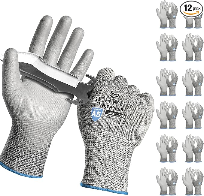 Schwer 12 Pairs ANSI A5 Cut Resistant Work Gloves, Cut Proof Gloves with PU Coating, Used for Metal Fabrication, WoodWorking, Construction, Non Slip, Durable, XL, CR3088-VerdiqueGarden