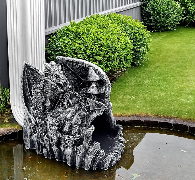 Dragon Gutter Diverter Rain, Outdoor Decor Sculpture, Garden Rain Downspout Diverter, Splash Block, Gutter Extender, Decorative Extension, Animal Statue,Eco-Friendly Resin, Fits 3x4 Downspouts-VerdiqueGarden