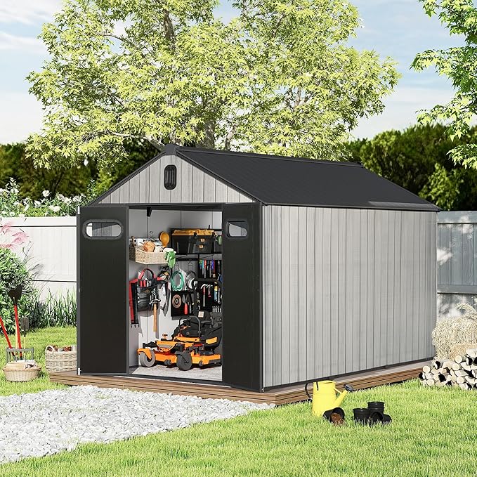 Domi 8x12 FT Outdoor Resin Storage Shed, All-Weather Double-Wall Storage Building for Backyard, Garden, Lawn Tools, Mower, Bike & Pool Equipment, Lockable Doors, Ventilated Roof, Grey-VerdiqueGarden