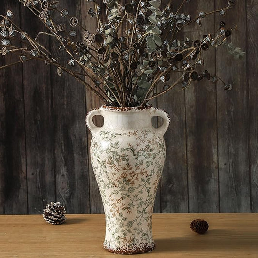 Enra Farmhouse Vintage vase with Handle,12.6 in Ceramic Chinoiserie Floral Vase,Green and Beige Decorative Flower vase,Large Rustic Vases for Home Decors, Living Room, Bookshelf, Office-VerdiqueGarden
