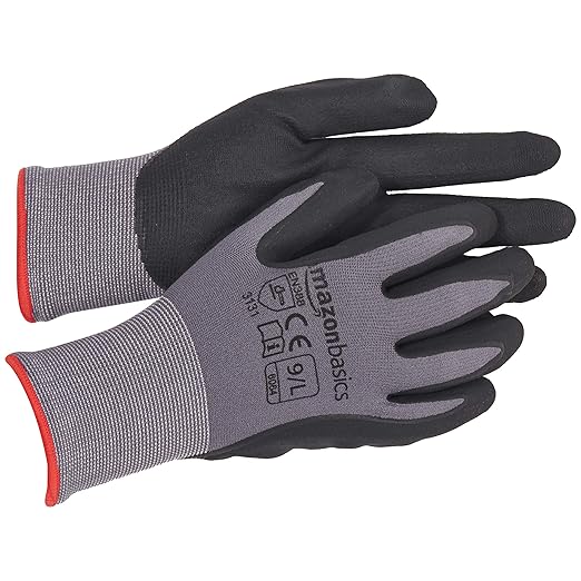Amazon Basics Micro-Foam Nitrile Coated Work Gloves, Nylon Liner Fiber, Touch Screen, Grey, Size 9/L, 12 Pairs-VerdiqueGarden
