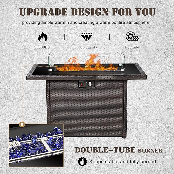 Propane Fire Pit Table,44 Inch 55000 BTU Outdoor Gas Fire Pit Rectangular with Glass Wind Guard for Outside Patio Deck (Brown-Glass Top)-VerdiqueGarden