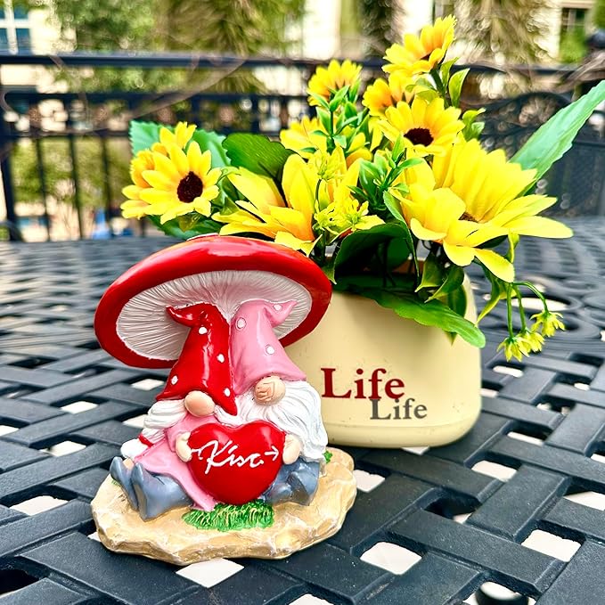 Garden Pink Tiny Gnome Couple Statue with Red Heart Mushroom Funny Outdoor Resin Figurines Home Decorations Valentine’s Day Housewarming Ornament Gift-VerdiqueGarden