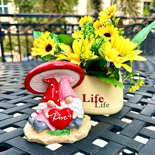 Garden Pink Tiny Gnome Couple Statue with Red Heart Mushroom Funny Outdoor Resin Figurines Home Decorations Valentine’s Day Housewarming Ornament Gift-VerdiqueGarden