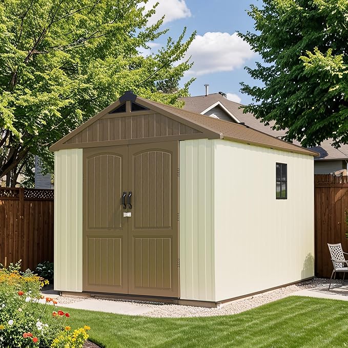 Patiowell 8 x 10 FT Resin Outdoor Storage Shed with Floor, Plastic Shed with Window and Lockable Door for Garden, Backyard, Tool Storage Use, Easy to Install in Brown (Kick-it Shed)-VerdiqueGarden