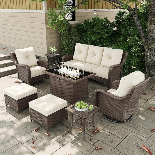 7 Pieces Outdoor Patio Furniture Sets with Rocking Swivel Chairs with 6-inch Thick Cushion and Fire Pit Table for Deck Lawn-VerdiqueGarden