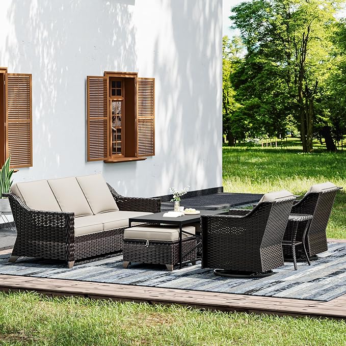 Joyside Wicker Patio Furniture Sets, 7 Pieces Upgraded Large Size Outdoor Furniture with Swivel Rocking Patio Chairs, 3-Seat Sofa, Outdoor Ottoman and Coffee Table, Thick Cushions, Wide Armrest-VerdiqueGarden