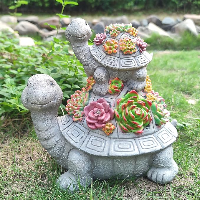Large Turtle Solar Garden Outdoor Statues with Succulent and 6 LED Lights,Outside Solar Turtle Decor Art for Lawn,Yard, Balcony Ornament, to Give-VerdiqueGarden