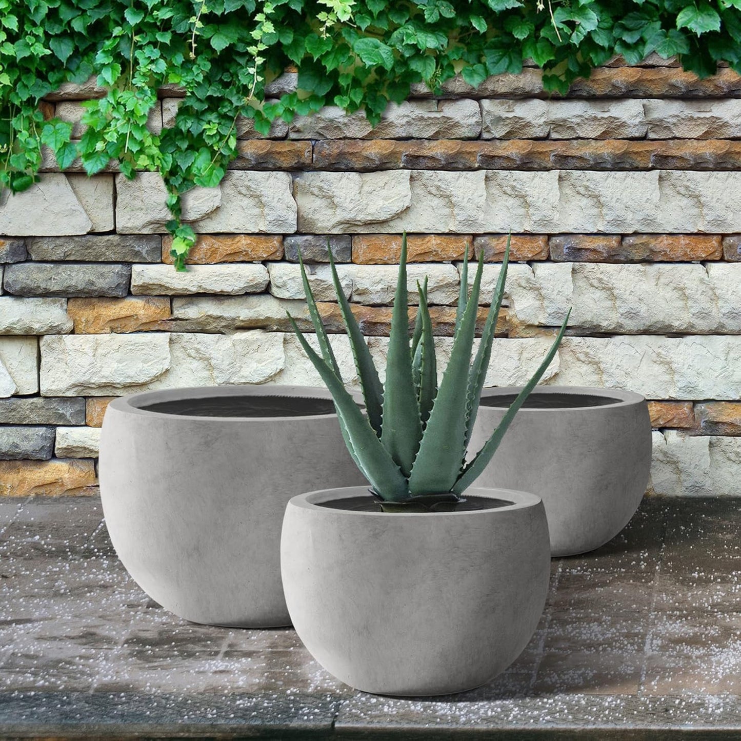 Kante 19.9",15.7",11.8" Dia Round Concrete Planter Set of 3, Outdoor/Indoor Large Bowl Plant Pots with Drainage Hole and Rubber Plug for Garden Patio Balcony Home, Natural Concrete-VerdiqueGarden