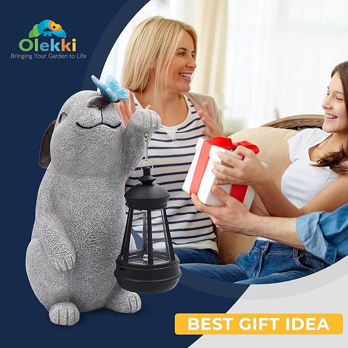 Solar Rabbit Statues for Garden Decor - Outdoor Bunny Figurine with Solar Lantern for Yard Patio Lawn Balcony Ornaments - Garden Gifts for Mothers Day, Grandma, Easter-VerdiqueGarden