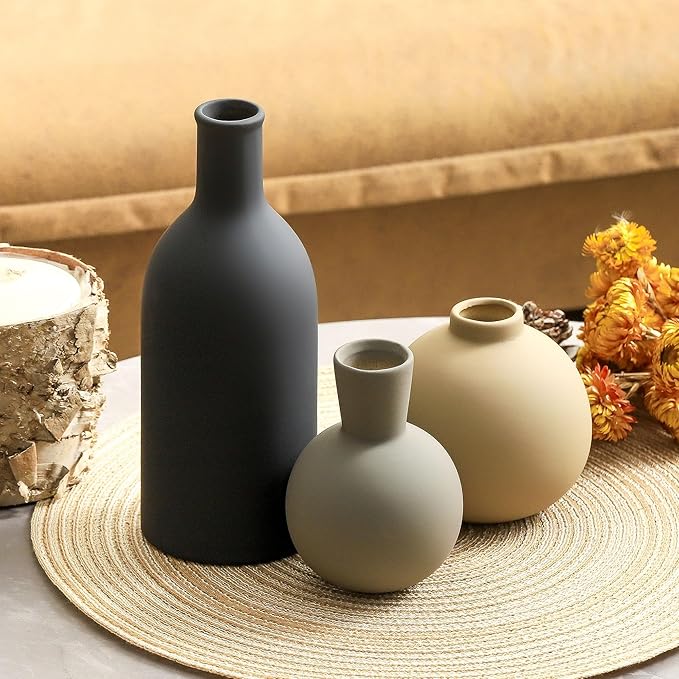 Ceramic Vase Set of 3, Flower Decorative Vases Home Decor Boho Neutral Modern Pottery Pampas Vases for Centerpiece Bouquet Table Mantel Entryway Bookshelf Living Room Bedroom Bathroom Kitchen-VerdiqueGarden