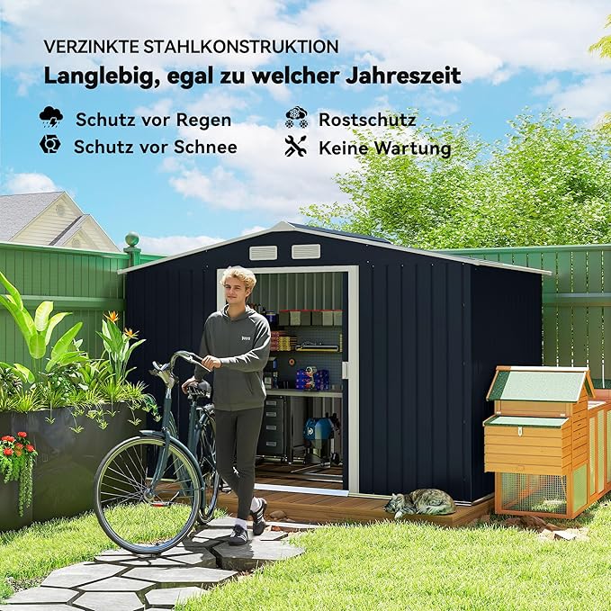 Outsunny 9' x 6' Outdoor Storage Shed, Garden Tool Metal Shed with Foundation Kit, Double Lockable Door, Air Vents and Sloping Roof, for Backyard, Patio, Lawn, Dark Gray-VerdiqueGarden