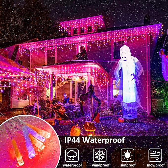Christmas Icicle Lights Outdoor, 66ft 640 LED Icicle Lights for Outside with 8 Modes Timers, Waterproof Plug in Twinkle String Light for House Eave Patio Party Holiday Decorations, Purple Orange-VerdiqueGarden