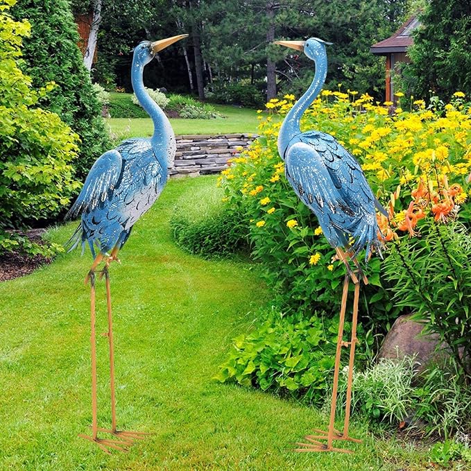 Nacome Large Standing Blue Metal Crane Garden Statue: Indoor Outdoor Heron Animal Sculpture for Patio Backyard Porch Yard Bird Art Lawn Decor - 36.6inch Gifts for Grandma Mom-VerdiqueGarden