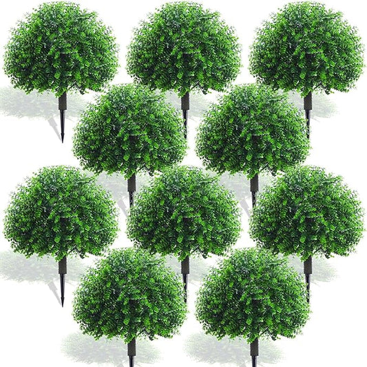 Yunlly 10 Pcs 18 Inch Artificial Boxwood Ball Topiary Tree Fake Outdoor Plants Bush, UV Resistance Faux Shrubs with Spike Realistic Greenery Potted for Indoor Garden Yard Porch Patio Decor (Green)-VerdiqueGarden