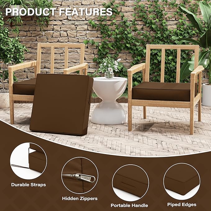 Patio Chair Cushions 22 X 22 X 4 Inch Waterproof Outdoor Seat Cushions for Patio Furniture, Outdoor Sofa Couch Pads with Ties & Handle, Set of 2, Chocolate-VerdiqueGarden