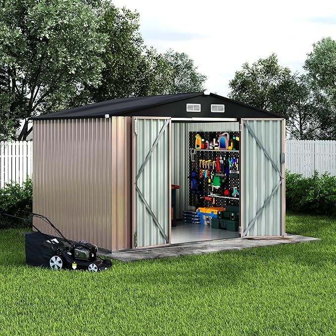 8x10 FT Metal Storage Sheds Outdoor with Floor, Metal Yard Sheds Garden Shed Kit, MetalTool Shed with Lockable Door, Metals UtilitySheds Buildings with Air Vent for Backyard Garden Patio Lawn-VerdiqueGarden