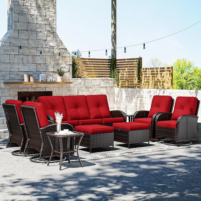 Joyside 9 Piece Patio Furniture Set, Outdoor Wicker Conversation Sets with Swivel Rocker Chairs and Sofa, Thick Cushion, Rattan Patio Sectional for Porch, Deck Use (Brown/Red, 9 PCS)-VerdiqueGarden